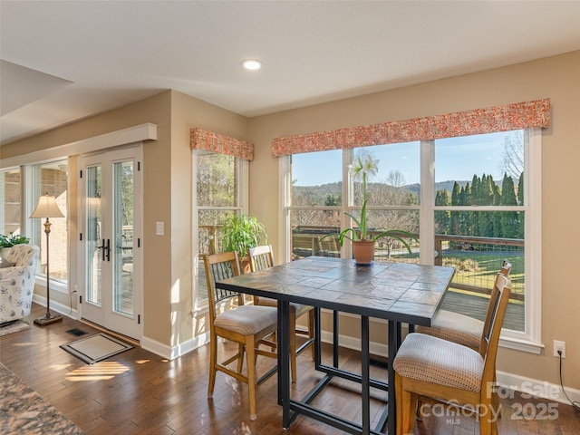 dining room with dark hardwood / wood-style floors and a healthy amount of sunlight