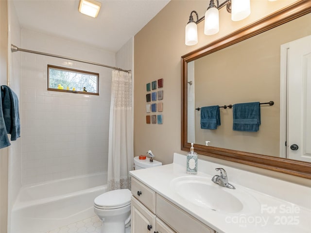 full bathroom featuring tile patterned flooring, shower / tub combo, vanity, and toilet