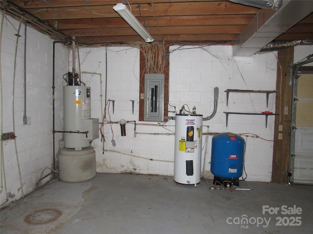 utilities featuring electric panel, electric water heater, and gas water heater