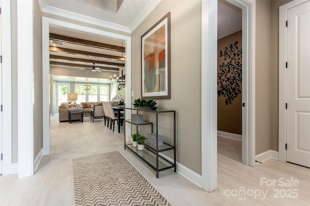 hallway with beamed ceiling