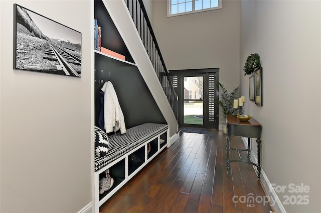 mudroom with dark hardwood / wood-style flooring and a towering ceiling