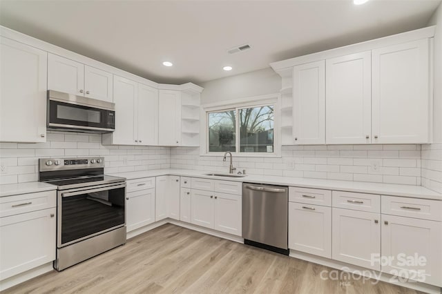 kitchen featuring sink, white cabinetry, stainless steel appliances, and light wood-type flooring