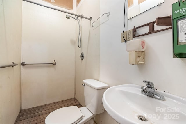 bathroom with a shower, toilet, and sink