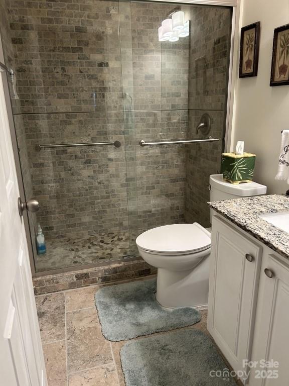 bathroom with vanity, an enclosed shower, and toilet