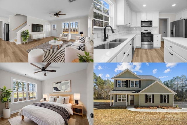 kitchen featuring stainless steel appliances, sink, white cabinets, ceiling fan, and decorative backsplash