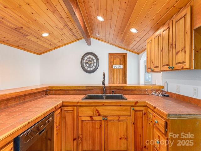 kitchen with dishwasher, tile counters, wood ceiling, and sink