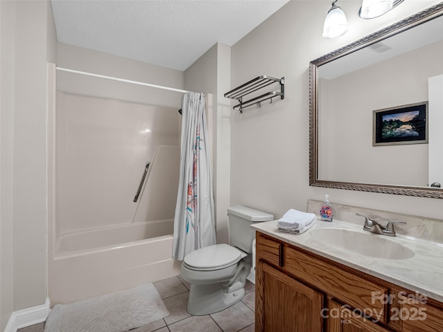 full bathroom with vanity, tile patterned flooring, toilet, a textured ceiling, and shower / tub combo with curtain