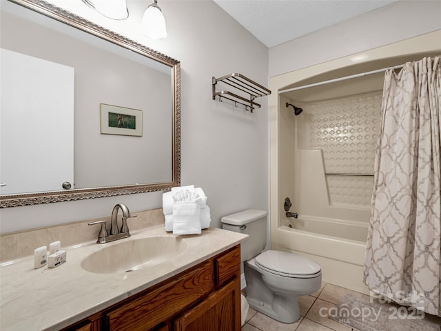 full bathroom with tile patterned flooring, shower / bath combination with curtain, vanity, and toilet