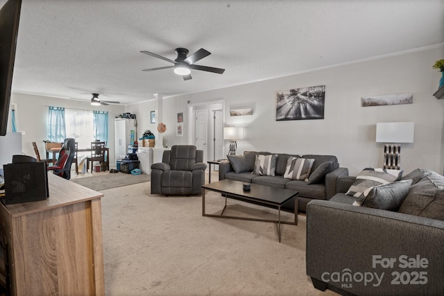 living room featuring a textured ceiling, ceiling fan, and carpet