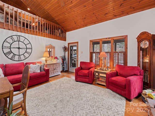 41 Cottontail Ln, Canton, NC 28716 - living room featuring high vaulted ceiling, wood ceiling, and wood finished floors