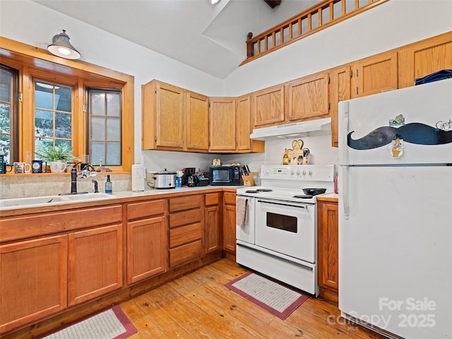 41 Cottontail Ln, Canton, NC 28716 - kitchen with white appliances, under cabinet range hood, a sink, light countertops, and light wood finished floors