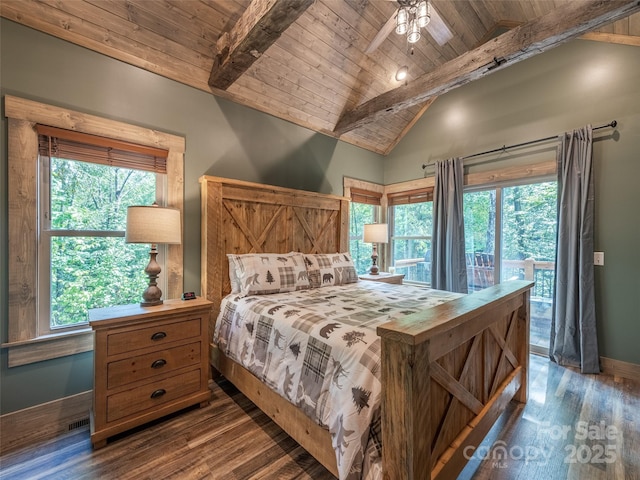 bedroom featuring dark wood-type flooring, ceiling fan, access to exterior, beam ceiling, and wood ceiling