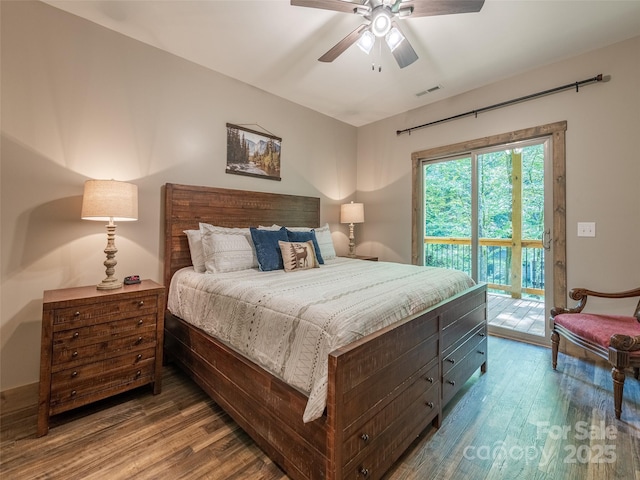 bedroom with access to exterior, hardwood / wood-style floors, and ceiling fan