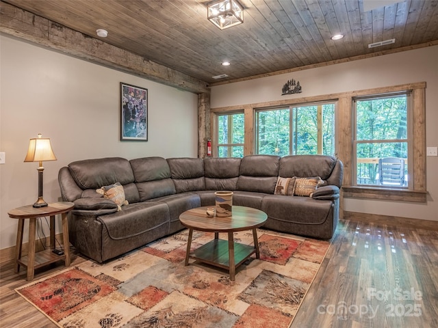 living room featuring hardwood / wood-style floors and wooden ceiling