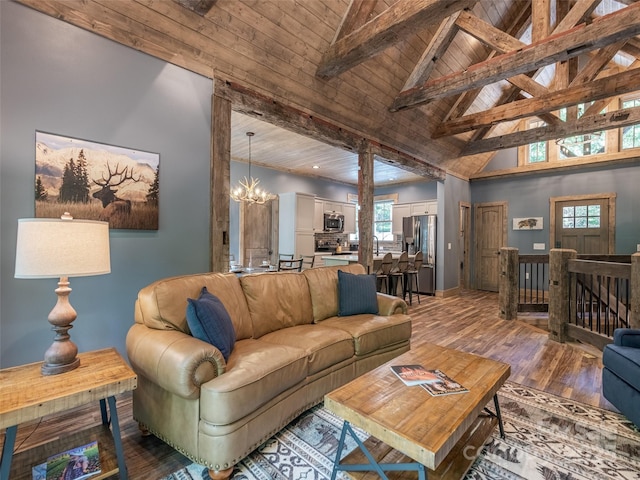 living room with high vaulted ceiling, beamed ceiling, a chandelier, wood-type flooring, and wood ceiling