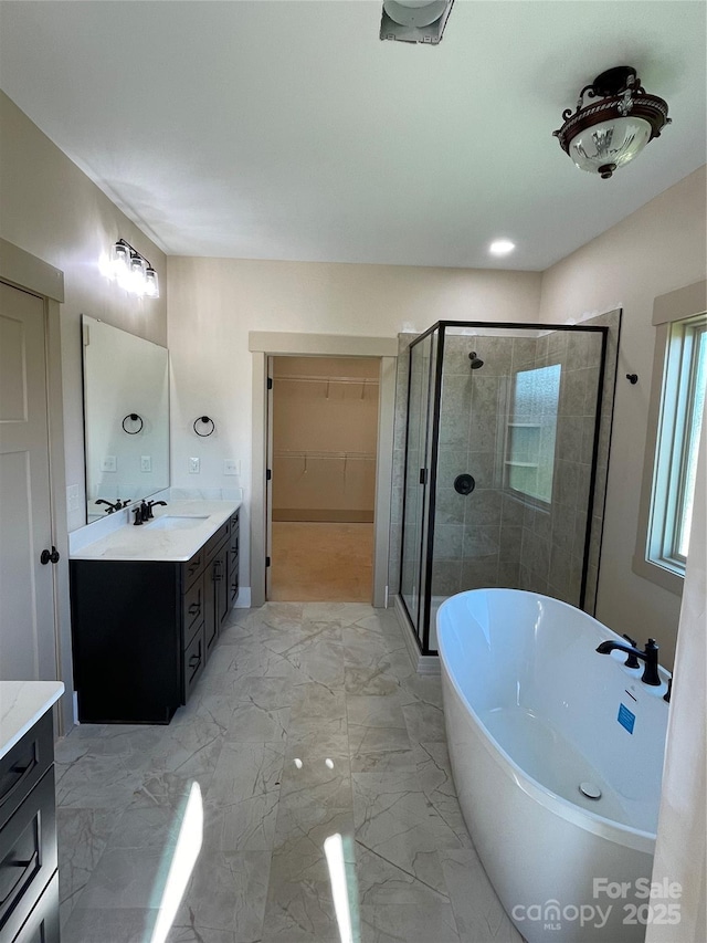 bathroom featuring vanity and separate shower and tub