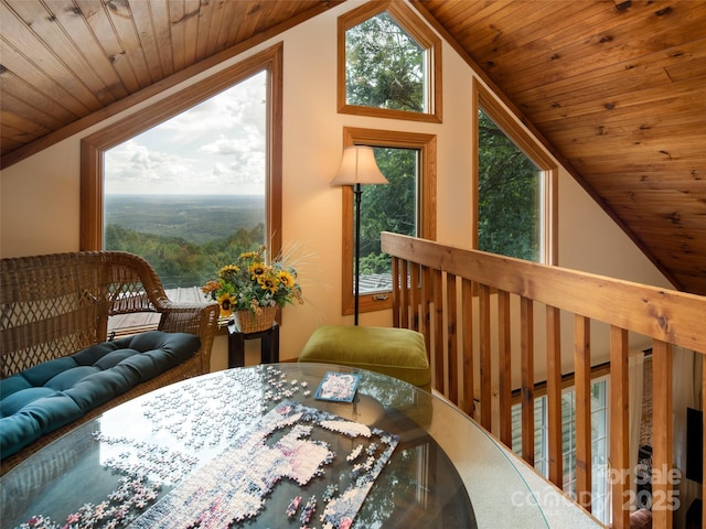 interior space with wood ceiling and lofted ceiling