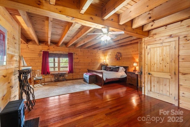 bedroom featuring beam ceiling, wooden walls, and wooden ceiling