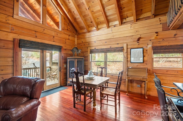 dining area featuring beamed ceiling, wood walls, wooden ceiling, and high vaulted ceiling