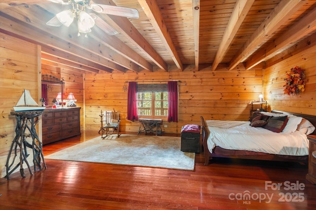 bedroom featuring wood ceiling, ceiling fan, wood-type flooring, beam ceiling, and wood walls