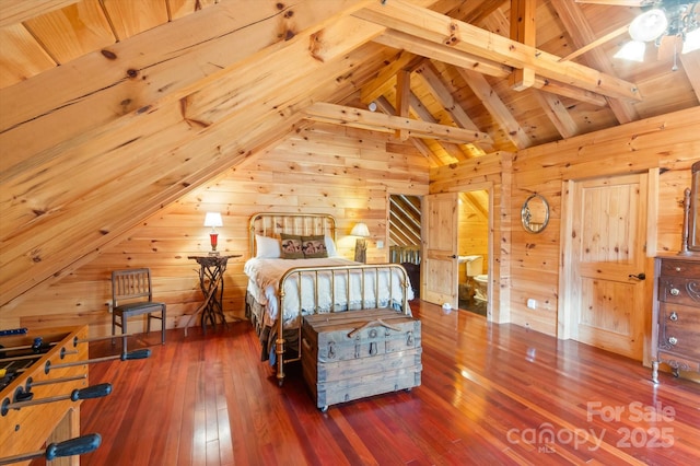 bedroom featuring wood walls, wooden ceiling, and hardwood / wood-style flooring