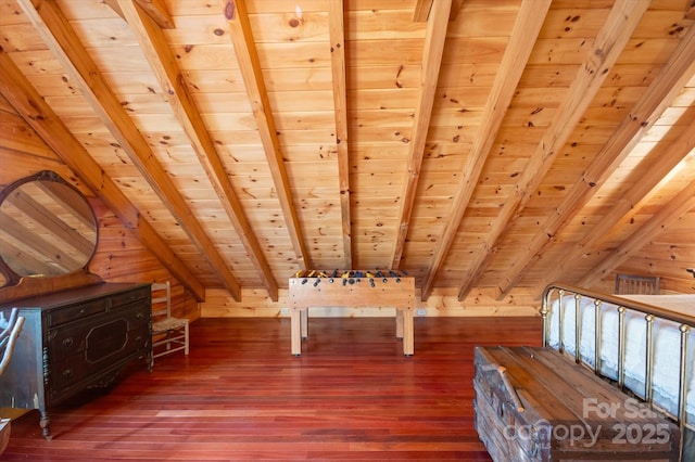 additional living space featuring hardwood / wood-style flooring, lofted ceiling with beams, wooden ceiling, and wooden walls