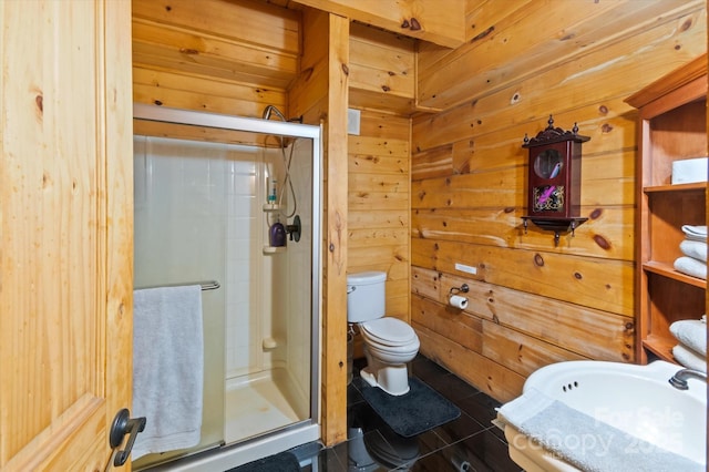 bathroom featuring tile patterned floors, toilet, an enclosed shower, and wooden walls