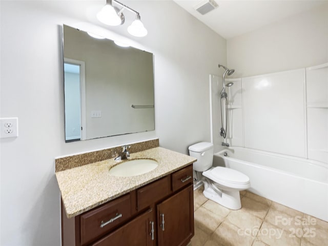 full bathroom with tile patterned flooring, shower / tub combination, vanity, and toilet