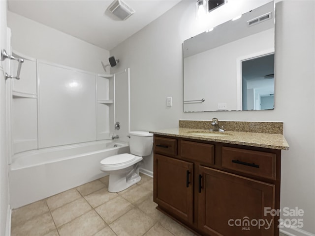 full bathroom with tile patterned flooring, shower / tub combination, vanity, and toilet