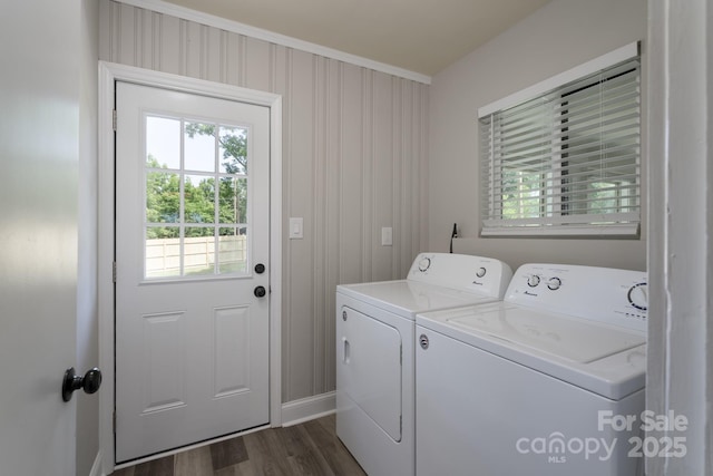 laundry room with washing machine and dryer and dark wood-type flooring