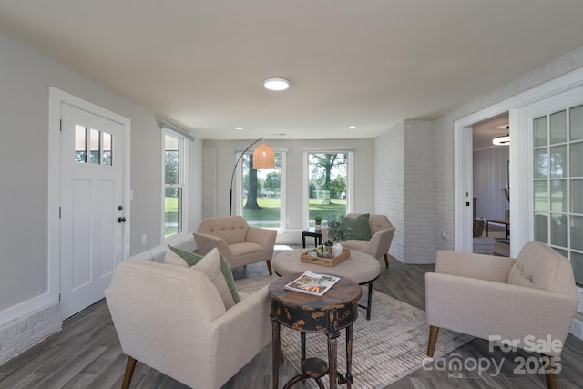 living room with dark hardwood / wood-style flooring