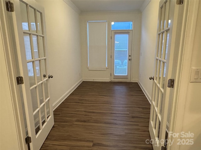 doorway featuring crown molding, dark hardwood / wood-style floors, and french doors