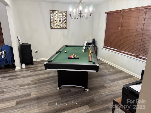 rec room featuring baseboards, an inviting chandelier, wood finished floors, and billiards