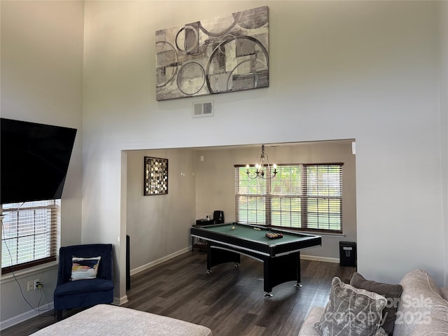 9624 Langston Mill Rd, Charlotte, NC 28216 - playroom featuring pool table, visible vents, dark wood-style floors, and a towering ceiling