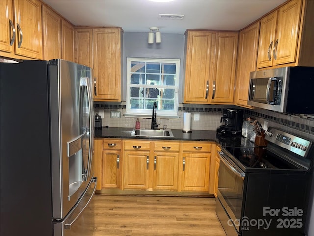9624 Langston Mill Rd, Charlotte, NC 28216 - kitchen featuring dark countertops, a sink, stainless steel appliances, light wood-type flooring, and visible vents