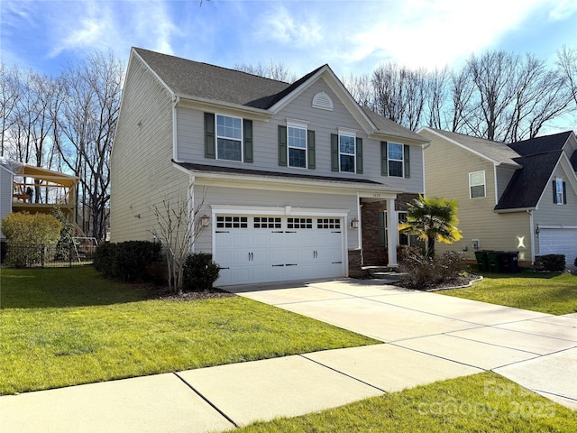 view of front of home with central AC, a garage, and a front lawn