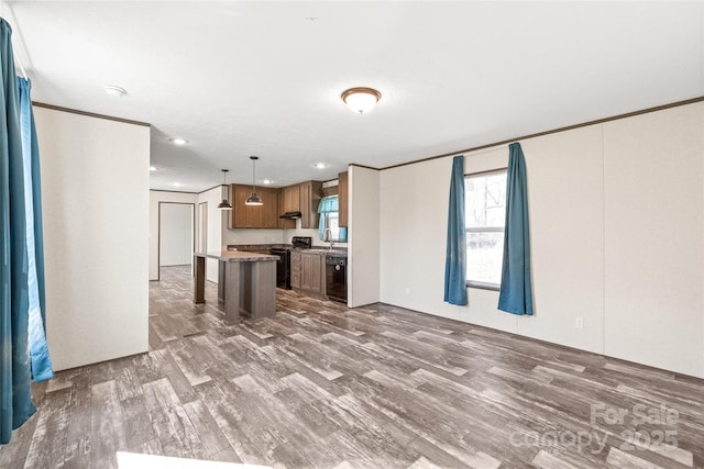 kitchen with hanging light fixtures, a sink, a kitchen island, range, and a kitchen bar