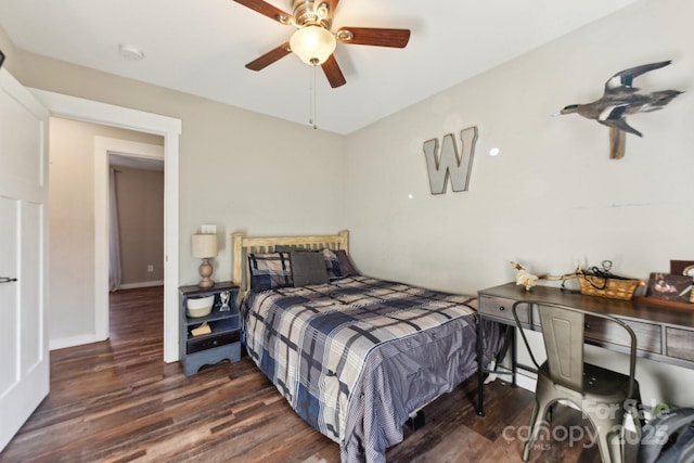 bedroom featuring ceiling fan and dark hardwood / wood-style flooring