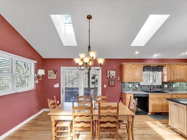 dining room with lofted ceiling with skylight, sink, light hardwood / wood-style flooring, and a notable chandelier