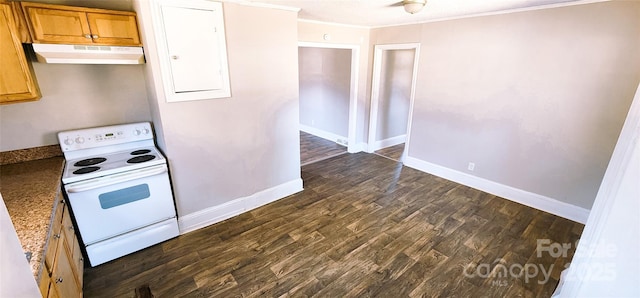 kitchen featuring ornamental molding, dark hardwood / wood-style floors, and white range with electric cooktop