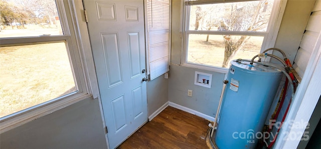 washroom with washer hookup, plenty of natural light, gas water heater, and dark hardwood / wood-style floors