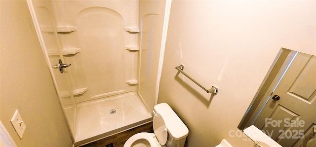 bathroom with a shower and toilet