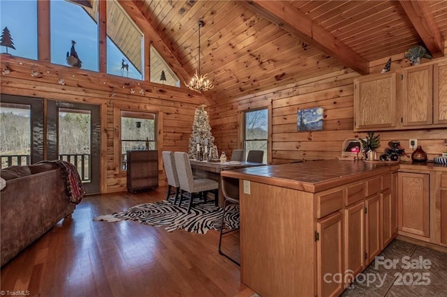 kitchen with kitchen peninsula, pendant lighting, high vaulted ceiling, beamed ceiling, and dark hardwood / wood-style floors