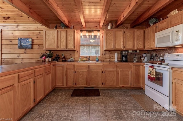 kitchen featuring beam ceiling, sink, wooden ceiling, white appliances, and wooden walls