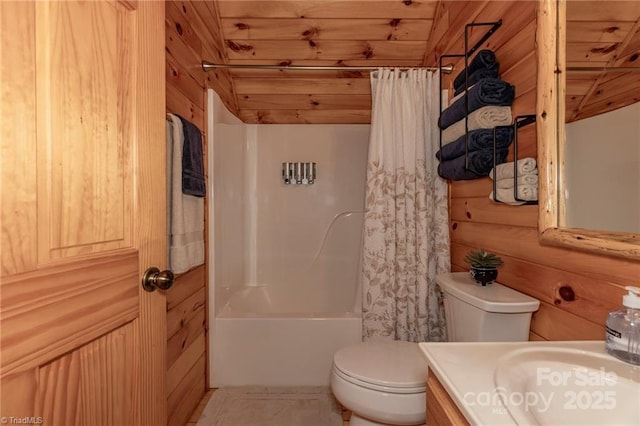 full bathroom featuring shower / bath combo with shower curtain, vaulted ceiling, wood walls, and wood ceiling