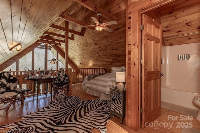 bedroom featuring light wood-type flooring, vaulted ceiling, wooden walls, and wood ceiling