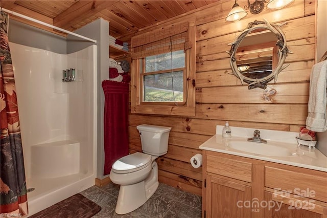 bathroom with tile patterned floors, walk in shower, wooden ceiling, toilet, and wood walls