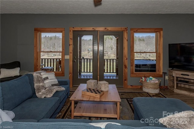 living room featuring plenty of natural light and a textured ceiling