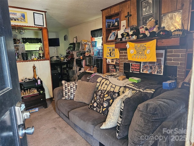 carpeted living room featuring a textured ceiling