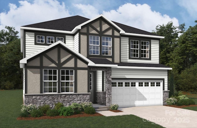 view of front of home with a garage, stone siding, driveway, and stucco siding